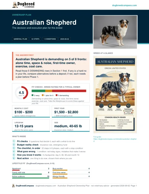 First page of the Australian Shepherd ownership plan