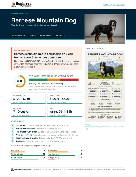First page of the Bernese Mountain Dog ownership plan