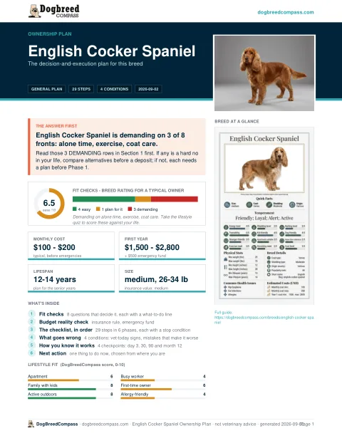 First page of the English Cocker Spaniel ownership plan