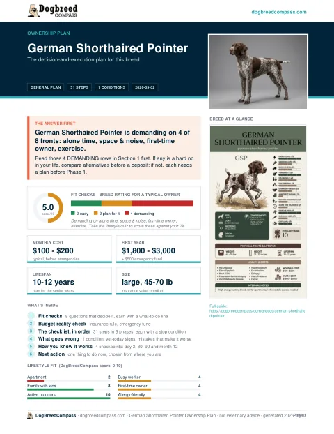 First page of the German Shorthaired Pointer ownership plan
