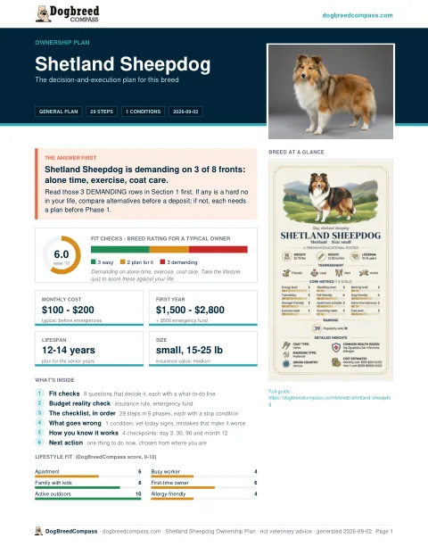 First page of the Shetland Sheepdog ownership plan