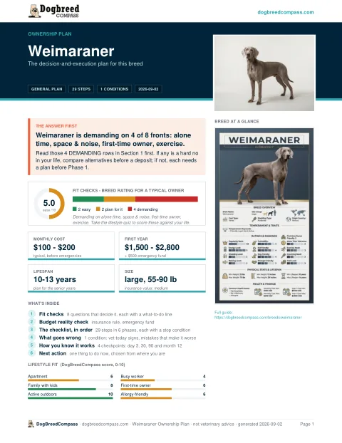 First page of the Weimaraner ownership plan